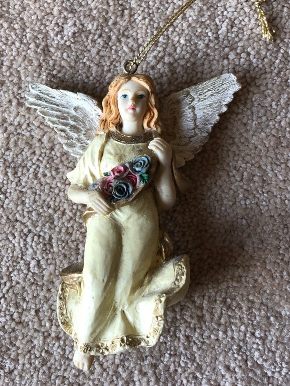 Cream and Gold Angel Ornament with Floral Bouquet - Unbranded